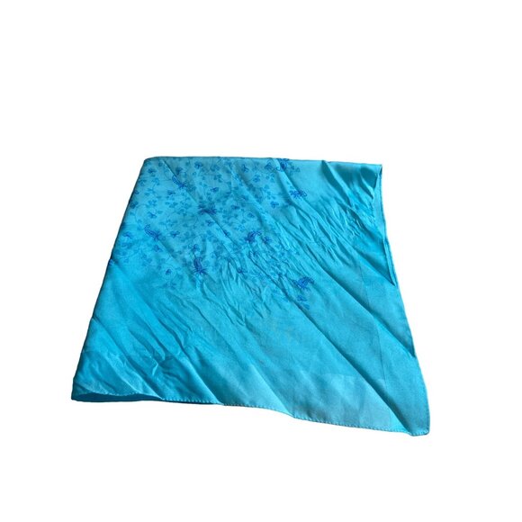Vintage Womens Square Scarf Bandana Lightweight Blue Green Floral Cottagecore - Picture 3 of 5